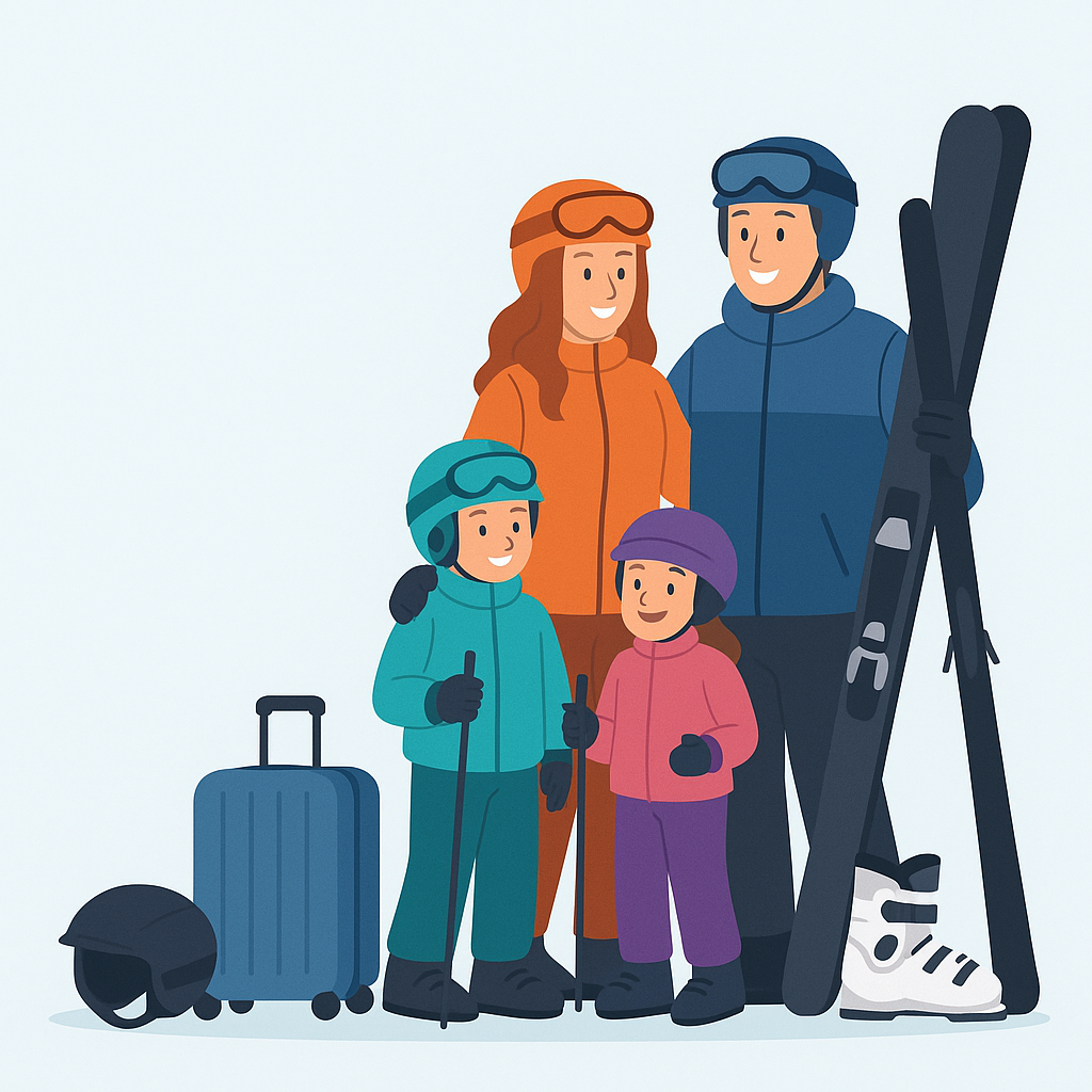 Tecknad familj i vinterkläder med skidor, hjälm och resväska, två barn i varma ytterkläder